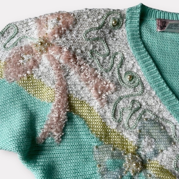 80s Jaclyn Smith Mint Green Beaded Sweater Pastel Pearls Grannycore Barbiecore M - Picture 9 of 15